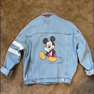 Disney Light Blue Denim Jacket with Mickey Graphic and White Sleeve Stripes
